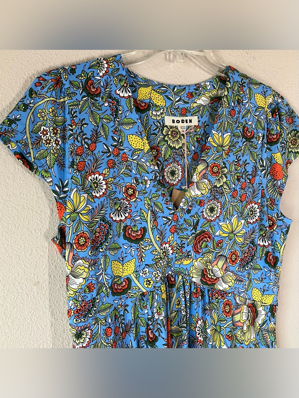 BODEN Fit & Flare Jersey Midi Dress 10 NEW Floral Fruit Euro Summer Vacation - Picture 2 of 15